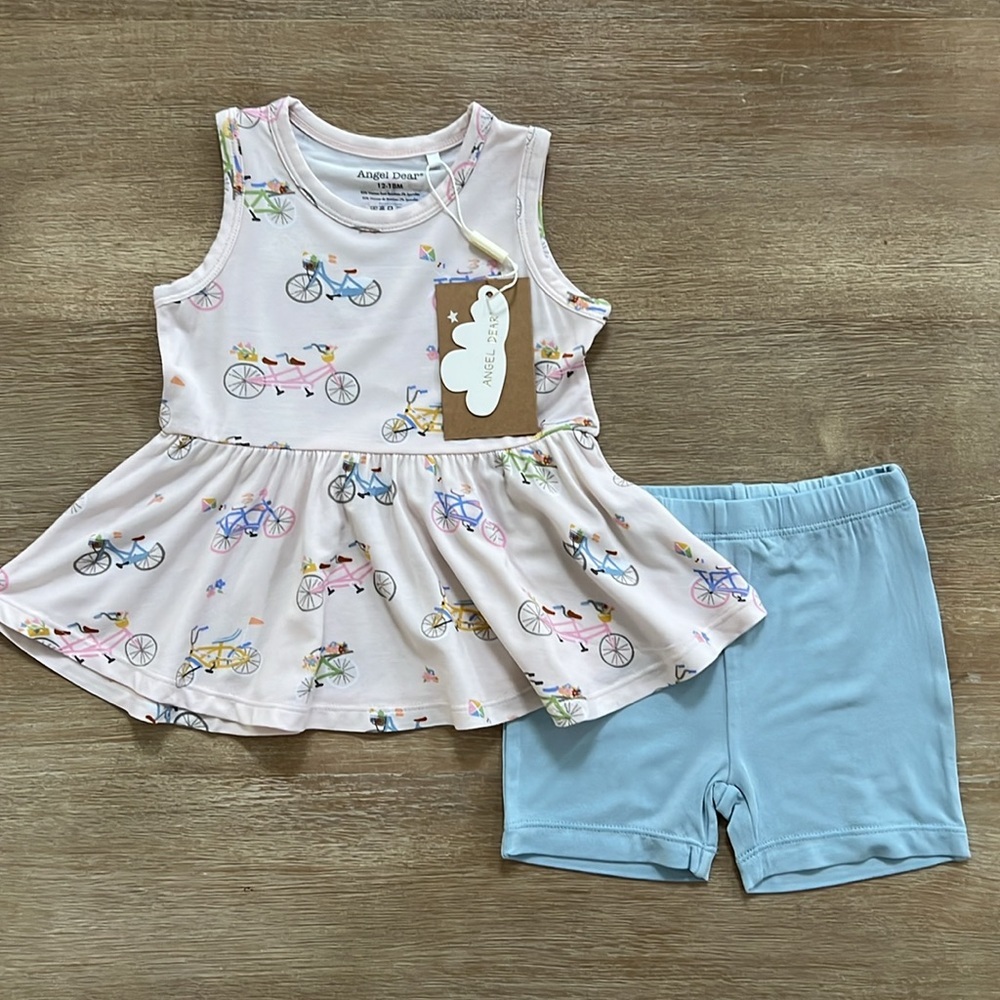 Angel Dear Baby Girl Bamboo Peplum Top Shorts Set 12-18 months Pink Bikes